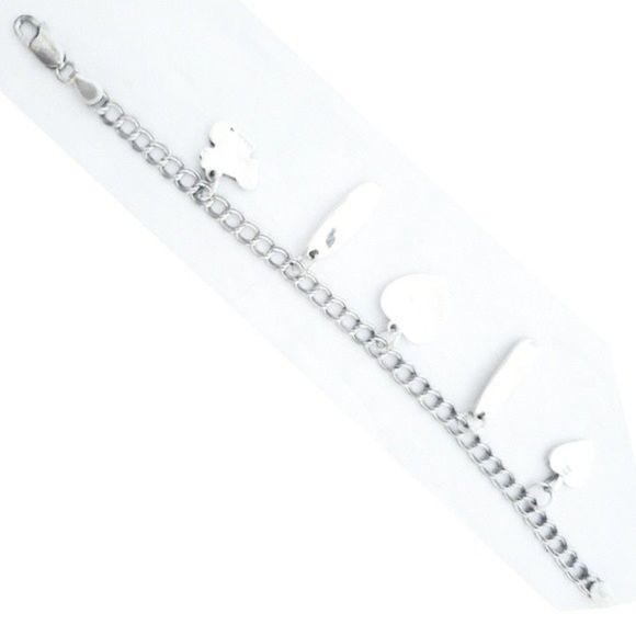 Double Link Charm Bracelet Heart Charms 925 Sterling Silver 7" - Picture 3 of 13